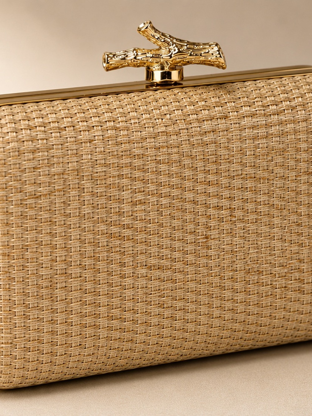 Gold-Accent Woven Beige Evening Clutch